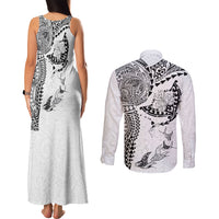 Hawaiian Manta Ray Tribal Couples Matching Tank Maxi Dress and Long Sleeve Button Shirt Polynesian Art Motifs White Color LT03 - Polynesian Pride