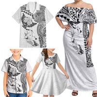 Hawaiian Manta Ray Tribal Family Matching Off Shoulder Maxi Dress and Hawaiian Shirt Polynesian Art Motifs White Color LT03 - Polynesian Pride
