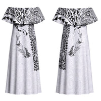 Hawaiian Manta Ray Tribal Family Matching Off Shoulder Maxi Dress and Hawaiian Shirt Polynesian Art Motifs White Color LT03 Mom's Dress White - Polynesian Pride