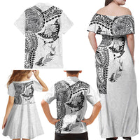 Hawaiian Manta Ray Tribal Family Matching Off Shoulder Maxi Dress and Hawaiian Shirt Polynesian Art Motifs White Color LT03 - Polynesian Pride