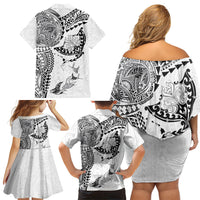 Hawaiian Manta Ray Tribal Family Matching Off Shoulder Short Dress and Hawaiian Shirt Polynesian Art Motifs White Color LT03 Mom's Dress White - Polynesian Pride