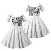 Hawaiian Manta Ray Tribal Family Matching Off Shoulder Short Dress and Hawaiian Shirt Polynesian Art Motifs White Color LT03 Daughter's Dress White - Polynesian Pride