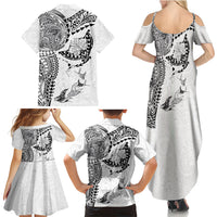 Hawaiian Manta Ray Tribal Family Matching Summer Maxi Dress and Hawaiian Shirt Polynesian Art Motifs White Color LT03 Mom's Dress White - Polynesian Pride