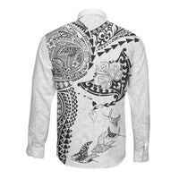 Hawaiian Manta Ray Tribal Long Sleeve Button Shirt Polynesian Art Motifs White Color LT03 - Polynesian Pride