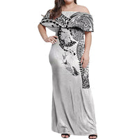 Hawaiian Manta Ray Tribal Off Shoulder Maxi Dress Polynesian Art Motifs White Color