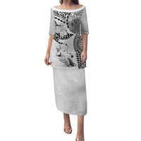 Hawaiian Manta Ray Tribal Puletasi Polynesian Art Motifs White Color LT03 Long Dress White - Polynesian Pride