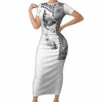 Hawaiian Manta Ray Tribal Short Sleeve Bodycon Dress Polynesian Art Motifs White Color LT03 Long Dress White - Polynesian Pride