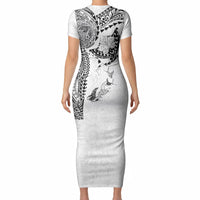 Hawaiian Manta Ray Tribal Short Sleeve Bodycon Dress Polynesian Art Motifs White Color LT03 - Polynesian Pride