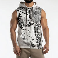 Hawaiian Manta Ray Tribal Sleeveless Hoodie Polynesian Art Motifs White Color