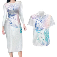 Hawaiian Manta Ray Tribal Couples Matching Long Sleeve Bodycon Dress and Hawaiian Shirt Polynesian Art Motifs Sweet Pastel LT03 Multicolor - Polynesian Pride
