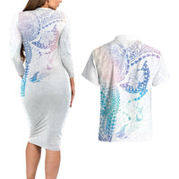 Hawaiian Manta Ray Tribal Couples Matching Long Sleeve Bodycon Dress and Hawaiian Shirt Polynesian Art Motifs Sweet Pastel LT03 - Polynesian Pride
