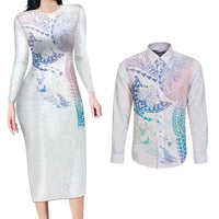 Hawaiian Manta Ray Tribal Couples Matching Long Sleeve Bodycon Dress and Long Sleeve Button Shirt Polynesian Art Motifs Sweet Pastel LT03 Multicolor - Polynesian Pride
