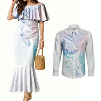 Hawaiian Manta Ray Tribal Couples Matching Mermaid Dress and Long Sleeve Button Shirt Polynesian Art Motifs Sweet Pastel LT03 Multicolor - Polynesian Pride