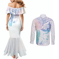 Hawaiian Manta Ray Tribal Couples Matching Mermaid Dress and Long Sleeve Button Shirt Polynesian Art Motifs Sweet Pastel LT03 - Polynesian Pride