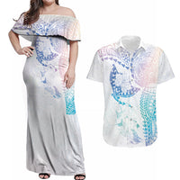 Hawaiian Manta Ray Tribal Couples Matching Off Shoulder Maxi Dress and Hawaiian Shirt Polynesian Art Motifs Sweet Pastel LT03 Multicolor - Polynesian Pride