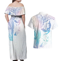 Hawaiian Manta Ray Tribal Couples Matching Off Shoulder Maxi Dress and Hawaiian Shirt Polynesian Art Motifs Sweet Pastel LT03 - Polynesian Pride