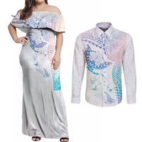 Hawaiian Manta Ray Tribal Couples Matching Off Shoulder Maxi Dress and Long Sleeve Button Shirt Polynesian Art Motifs Sweet Pastel LT03 Multicolor - Polynesian Pride