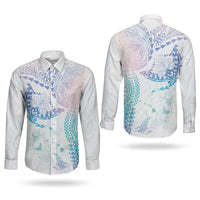 Hawaiian Manta Ray Tribal Couples Matching Off Shoulder Maxi Dress and Long Sleeve Button Shirt Polynesian Art Motifs Sweet Pastel LT03 - Polynesian Pride