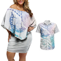 Hawaiian Manta Ray Tribal Couples Matching Off Shoulder Short Dress and Hawaiian Shirt Polynesian Art Motifs Sweet Pastel LT03 Multicolor - Polynesian Pride