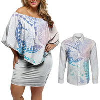 Hawaiian Manta Ray Tribal Couples Matching Off Shoulder Short Dress and Long Sleeve Button Shirt Polynesian Art Motifs Sweet Pastel LT03 Multicolor - Polynesian Pride