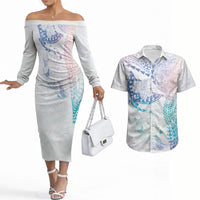 Hawaiian Manta Ray Tribal Couples Matching Off The Shoulder Long Sleeve Dress and Hawaiian Shirt Polynesian Art Motifs Sweet Pastel LT03 Multicolor - Polynesian Pride