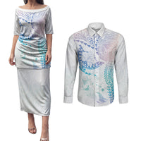 Hawaiian Manta Ray Tribal Couples Matching Puletasi and Long Sleeve Button Shirt Polynesian Art Motifs Sweet Pastel LT03 Multicolor - Polynesian Pride