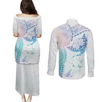 Hawaiian Manta Ray Tribal Couples Matching Puletasi and Long Sleeve Button Shirt Polynesian Art Motifs Sweet Pastel LT03 - Polynesian Pride
