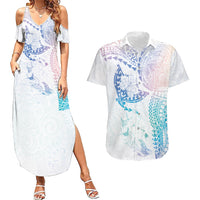 Hawaiian Manta Ray Tribal Couples Matching Summer Maxi Dress and Hawaiian Shirt Polynesian Art Motifs Sweet Pastel LT03 Multicolor - Polynesian Pride
