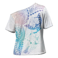 Hawaiian Manta Ray Tribal Cross Shoulder Shirt Polynesian Art Motifs Sweet Pastel