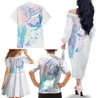 Hawaiian Manta Ray Tribal Family Matching Off The Shoulder Long Sleeve Dress and Hawaiian Shirt Polynesian Art Motifs Sweet Pastel LT03 - Polynesian Pride