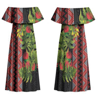 Maori Tukutuku Couples Matching Off Shoulder Maxi Dress and Hawaiian Shirt with Ferns Pohutukawa and Kowhai Tribal Moko Patterns