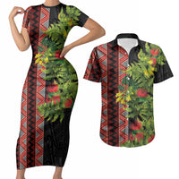 Maori Tukutuku Couples Matching Short Sleeve Bodycon Dress and Hawaiian Shirt with Ferns Pohutukawa and Kowhai Tribal Moko Patterns