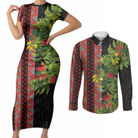 Maori Tukutuku Couples Matching Short Sleeve Bodycon Dress and Long Sleeve Button Shirt with Ferns Pohutukawa and Kowhai Tribal Moko Patterns LT03 Multicolor - Polynesian Pride