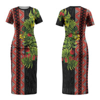 Maori Tukutuku Couples Matching Short Sleeve Bodycon Dress and Long Sleeve Button Shirt with Ferns Pohutukawa and Kowhai Tribal Moko Patterns LT03 - Polynesian Pride
