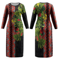 Maori Tukutuku Family Matching Long Sleeve Bodycon Dress and Hawaiian Shirt with Ferns Pohutukawa and Kowhai Tribal Moko Patterns LT03 Mom's Dress Multicolor - Polynesian Pride