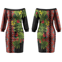 Maori Tukutuku Family Matching Off The Shoulder Long Sleeve Dress and Hawaiian Shirt with Ferns Pohutukawa and Kowhai Tribal Moko Patterns LT03 Mom's Dress Multicolor - Polynesian Pride