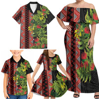 Maori Tukutuku Family Matching Off Shoulder Maxi Dress and Hawaiian Shirt with Ferns Pohutukawa and Kowhai Tribal Moko Patterns LT03 - Polynesian Pride