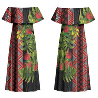 Maori Tukutuku Family Matching Off Shoulder Maxi Dress and Hawaiian Shirt with Ferns Pohutukawa and Kowhai Tribal Moko Patterns LT03 Mom's Dress Multicolor - Polynesian Pride