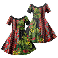 Maori Tukutuku Family Matching Off Shoulder Maxi Dress and Hawaiian Shirt with Ferns Pohutukawa and Kowhai Tribal Moko Patterns LT03 Daughter's Dress Multicolor - Polynesian Pride