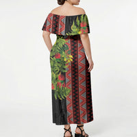 Maori Tukutuku Off Shoulder Maxi Dress with Ferns Pohutukawa and Kowhai Tribal Moko Patterns LT03 - Polynesian Pride