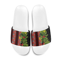 Maori Tukutuku Slide Sandals with Ferns Pohutukawa and Kowhai Tribal Moko Patterns