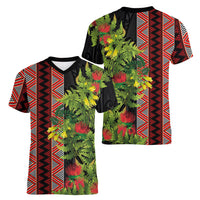 Maori Tukutuku Women V-Neck T-Shirt with Ferns Pohutukawa and Kowhai Tribal Moko Patterns