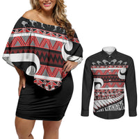New Zealand Christmas Couples Matching Off Shoulder Short Dress and Long Sleeve Button Shirt Funny Santa Claus Haka Dance with Tukutuku