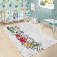 Hawaii DNA Kakau Tattoo Area Rug with Plumeria and Hibiscus Tropical Plants White Color