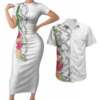 Hawaii DNA Kakau Tattoo Couples Matching Short Sleeve Bodycon Dress and Hawaiian Shirt with Plumeria and Hibiscus Tropical Plants White Color LT03 White - Polynesian Pride