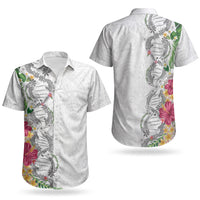 Hawaii DNA Kakau Tattoo Couples Matching Short Sleeve Bodycon Dress and Hawaiian Shirt with Plumeria and Hibiscus Tropical Plants White Color LT03 - Polynesian Pride