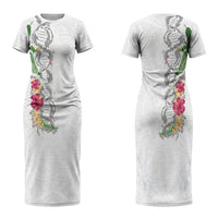Hawaii DNA Kakau Tattoo Couples Matching Short Sleeve Bodycon Dress and Hawaiian Shirt with Plumeria and Hibiscus Tropical Plants White Color LT03 - Polynesian Pride