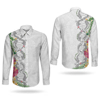 Hawaii DNA Kakau Tattoo Couples Matching Short Sleeve Bodycon Dress and Long Sleeve Button Shirt with Plumeria and Hibiscus Tropical Plants White Color