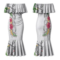 Hawaii DNA Kakau Tattoo Family Matching Mermaid Dress and Hawaiian Shirt with Plumeria and Hibiscus Tropical Plants White Color LT03 Mom's Dress White - Polynesian Pride