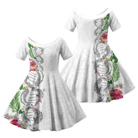 Hawaii DNA Kakau Tattoo Family Matching Off The Shoulder Long Sleeve Dress and Hawaiian Shirt with Plumeria and Hibiscus Tropical Plants White Color LT03 Daughter's Dress White - Polynesian Pride